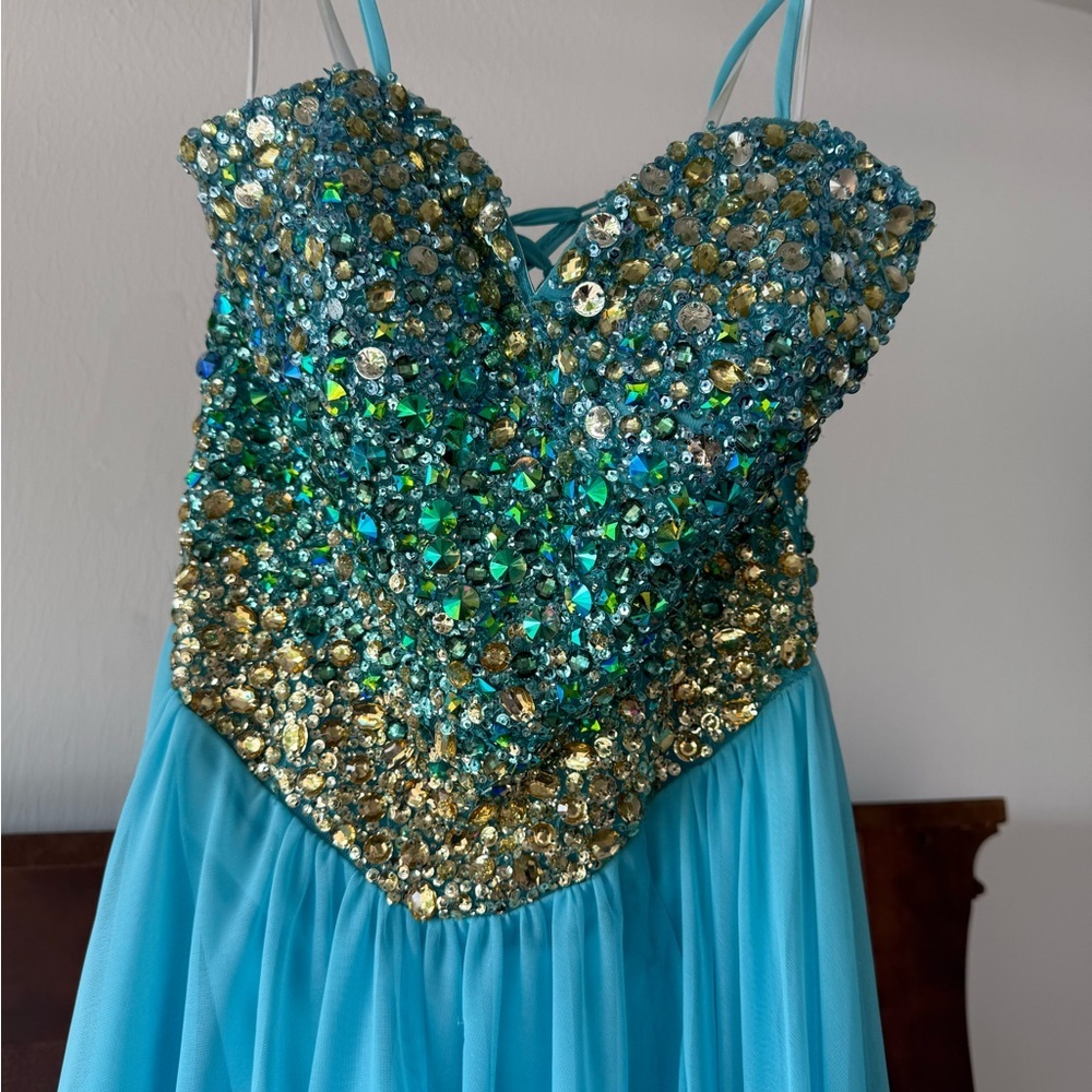 Terani Couture Shimmering Blue and Gold Kids Dress